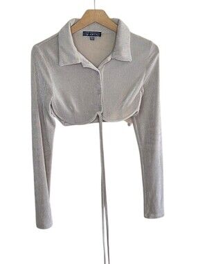 Blue Blush Tan Cropped Underwire Stretchy Collared Top with Waist Tie Size Large